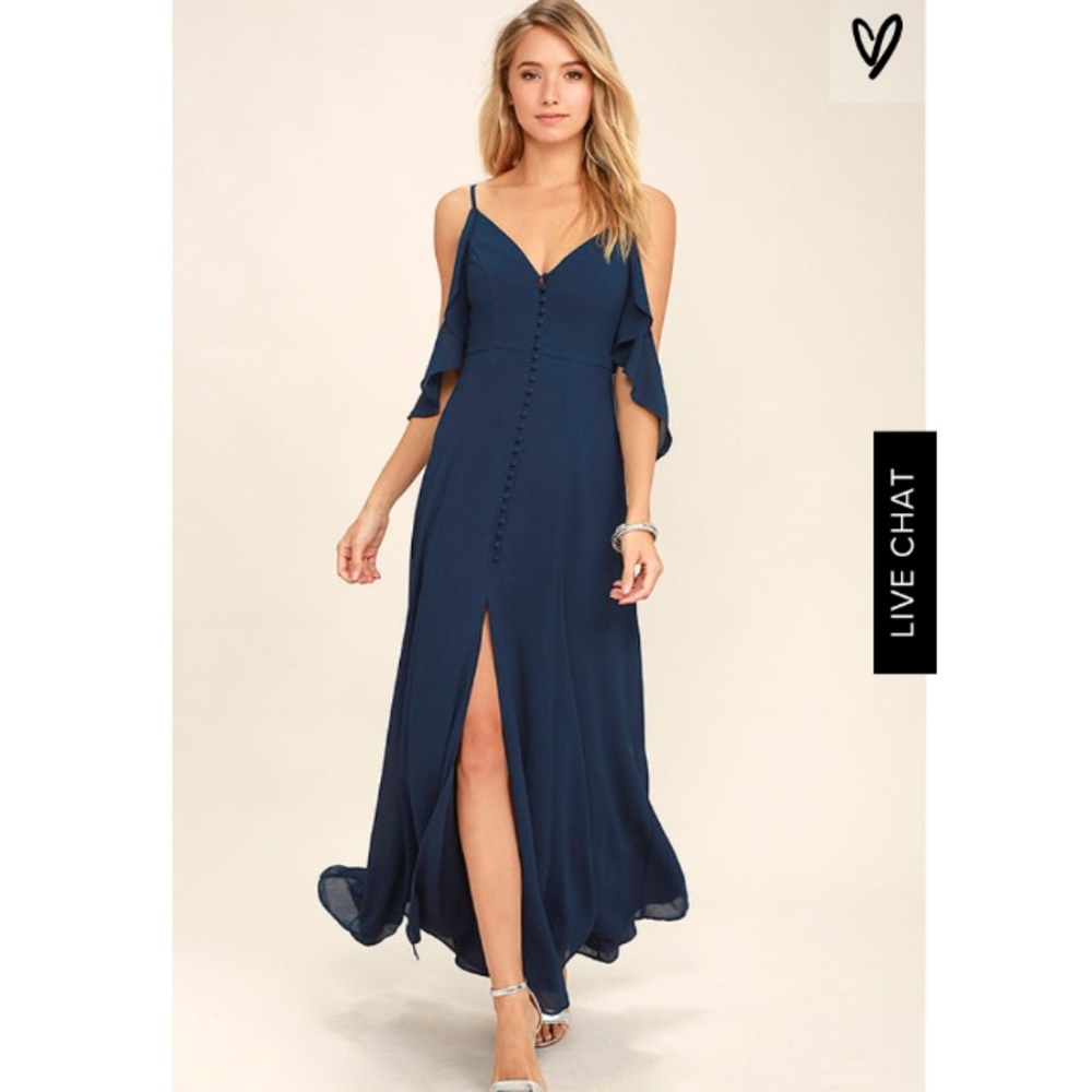 Lulu’s Navy Ruffle Cold Shoulder Maxi Dress - Picture 3 of 7